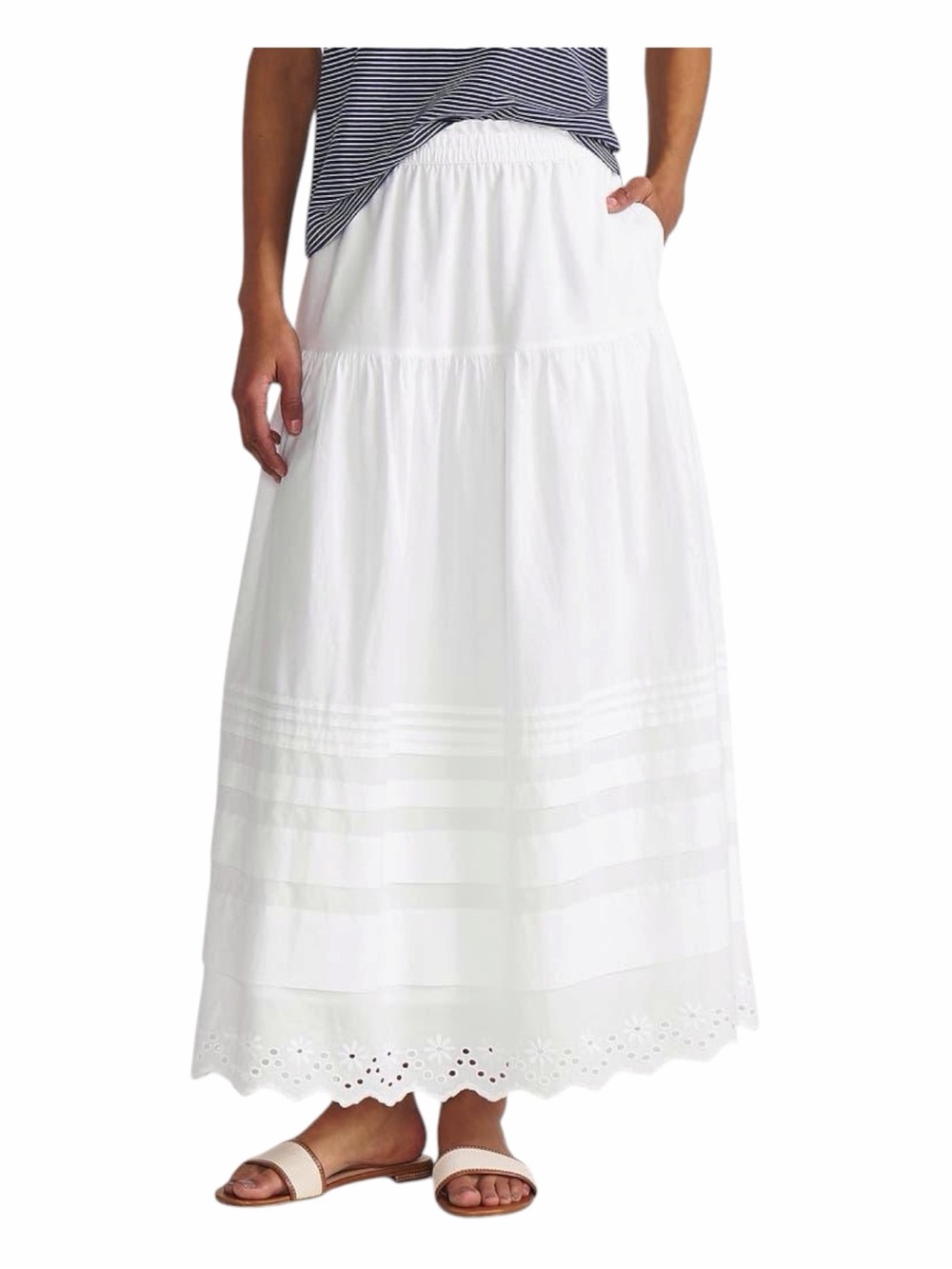 NWOT! Lands' End White Cotton Voile Tiered Eyelet Maxi Skirt Size Medium (10/12)